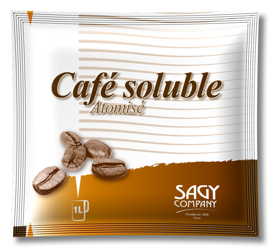 Un sachet blanc et ambre présentant des grains de café. Ce sachet contient 2 ou 15 grammes de café soluble atomisé de l'entreprise Sagy Company pour faire un bol de boisson.