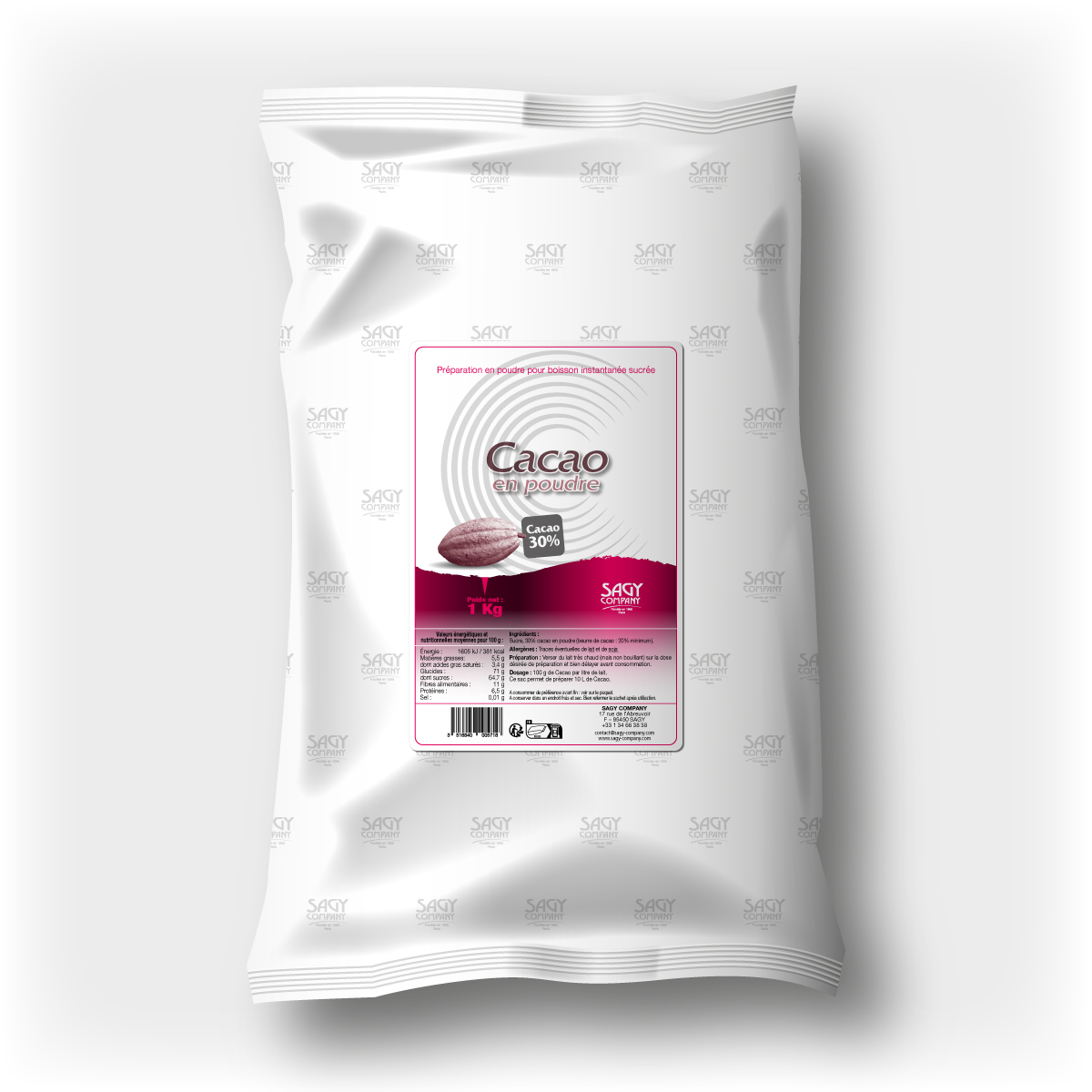 Un sac blanc en papier avec une étiquette présentant une fève de cacao. Ce sac contient un kilo de cacao en poudre (30%) de l'entreprise Sagy Company.