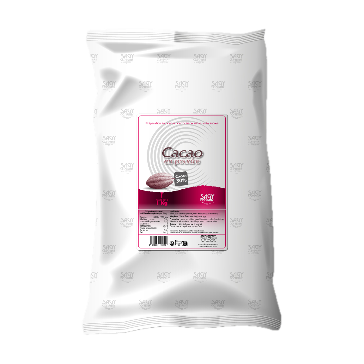 Un sac blanc en papier avec une étiquette présentant une fève de cacao. Ce sac contient un kilo de cacao en poudre (30%) de l'entreprise Sagy Company.