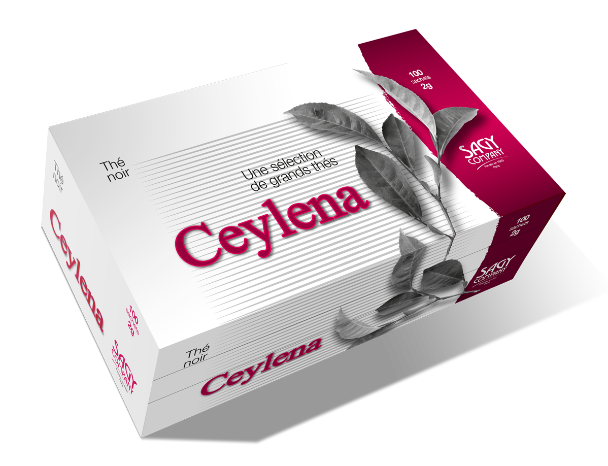 Une boîte blanche et rouge en carton pour du thé noir de la marque Ceylena de l'entreprise Sagy Company. Elle contient 100 sachets de 2 grammes de thé.