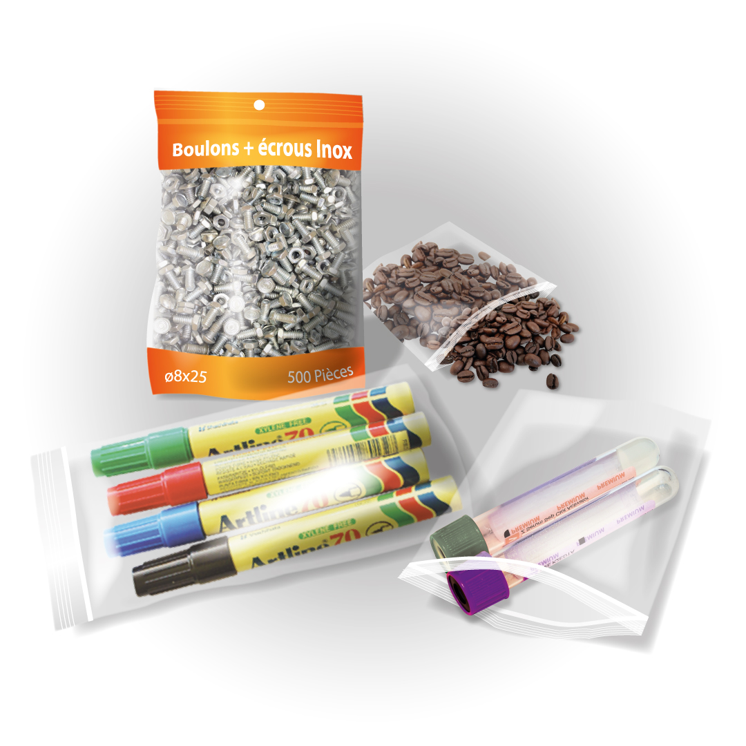 Image représentant des sachets à refermeture zip intégré de la marque Flexigrip® contenant des écrous et boulons, des grains de café, des marqueurs et des tubes à essai