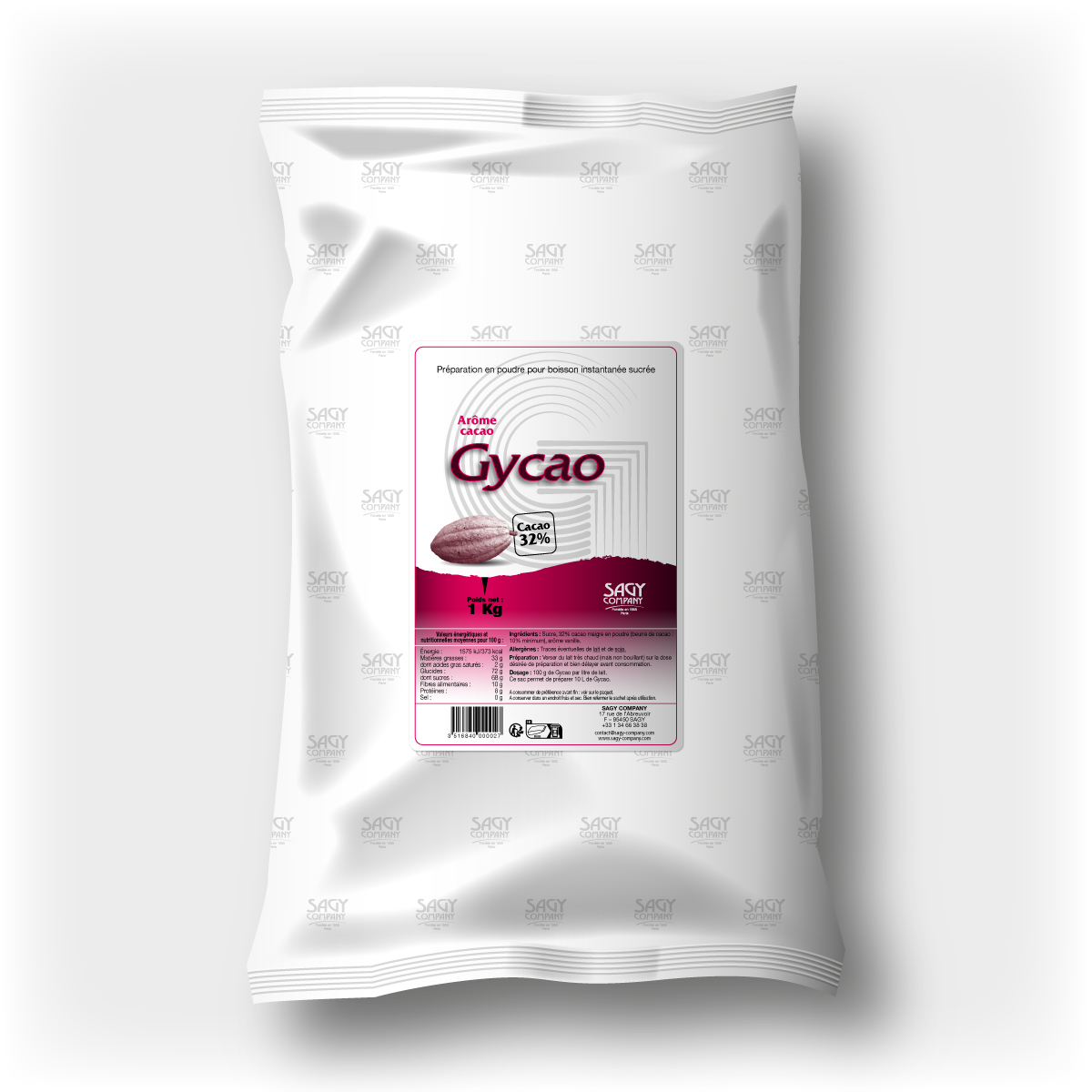 Un sac blanc en papier avec une étiquette présentant une fève de cacao. Ce sac contient un kilo de préparation en poudre pour boisson instantanée sucrée aromatisée au cacao (32% minimum) de la marque Gycao de l'entreprise Sagy Company.