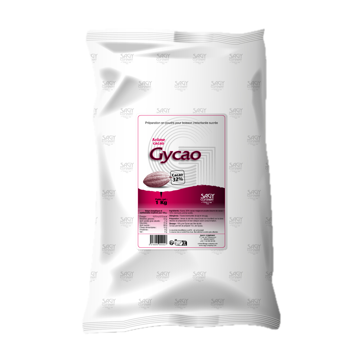 Un sac blanc en papier avec une étiquette présentant une fève de cacao. Ce sac contient un kilo de préparation en poudre pour boisson instantanée sucrée aromatisée au cacao (32%) de la marque Gycao de l'entreprise Sagy Company.