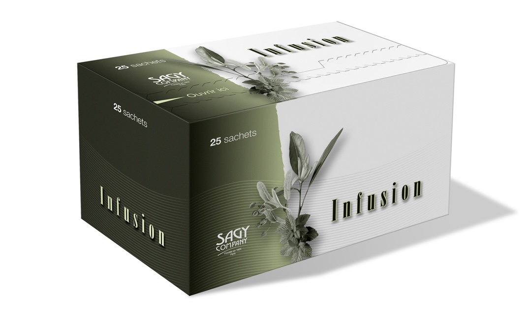 Une boîte blanche et verte en carton avec une illustration de feuilles de tisane pour infusion de l'entreprise Sagy Company.