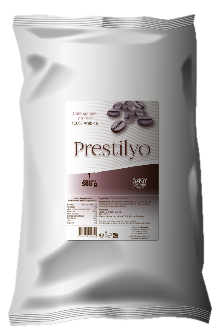 Un sac blanc en papier avec une étiquette présentant des grains de café de la marque Prestilyo de l'entreprise Sagy Company. Il contient 500 grammes de café 100% arabica, soluble lyophilisé.
