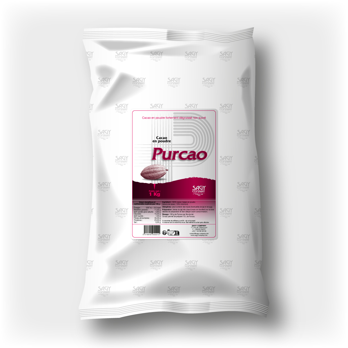 Un sac blanc en papier avec une étiquette présentant une fève de cacao. Ce sac contient un kilo de cacao en poudre fortement dégraissé non sucré de la marque Purcao de l'entreprise Sagy Company.