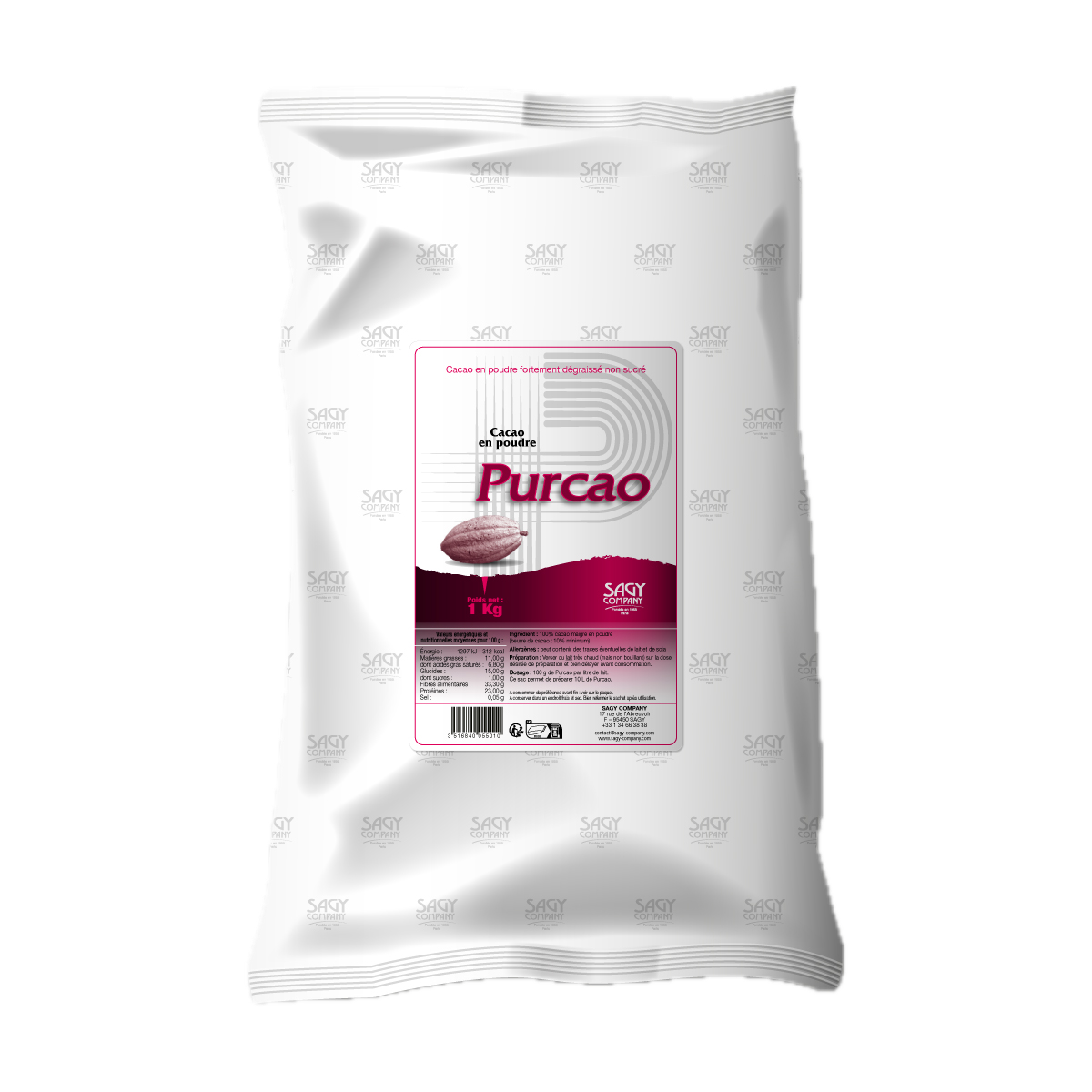 Un sac blanc en papier avec une étiquette présentant une fève de cacao. Ce sac contient un kilo de cacao en poudre fortement dégraissé non sucré de la marque Purcao de l'entreprise Sagy Company.