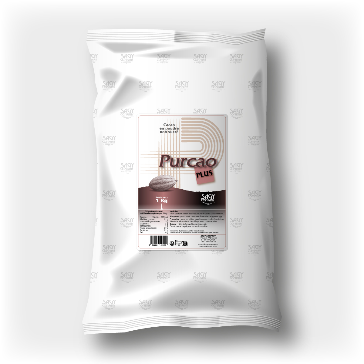 Un sac blanc en papier avec une étiquette présentant une fève de cacao. Ce sac contient un kilo de cacao en poudre fortement dégraissé non sucré de la marque Purcao Plus de l'entreprise Sagy Company.