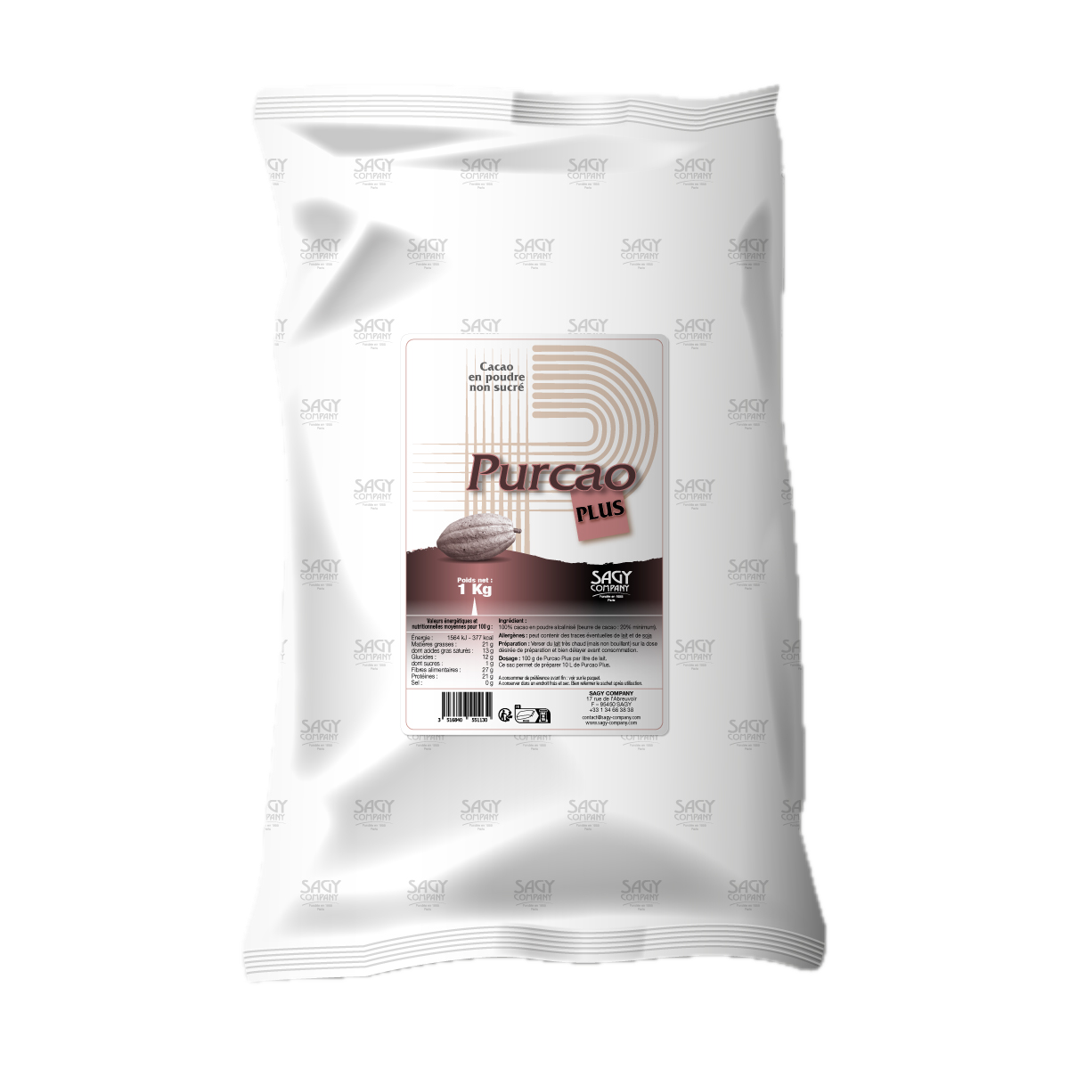 Un sac blanc en papier avec une étiquette présentant une fève de cacao. Ce sac contient un kilo de cacao en poudre fortement dégraissé non sucré de la marque Purcao Plus de l'entreprise Sagy Company.