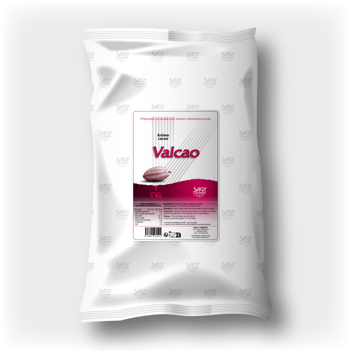 Un sac blanc en papier avec une étiquette présentant une fève de cacao. Ce sac contient un kilo de préparation en poudre pour boisson instantanée sucrée aromatisée au cacao de la marque Valcao de l'entreprise Sagy Company.