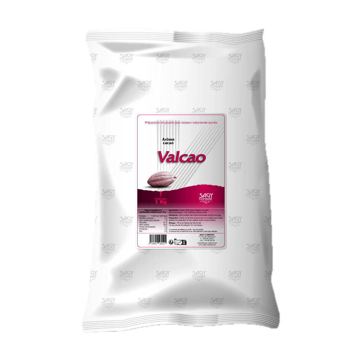 Un sac blanc en papier avec une étiquette présentant une fève de cacao. Ce sac contient un kilo de préparation en poudre pour boisson instantanée sucrée aromatisée au cacao de la marque Valcao de l'entreprise Sagy Company.