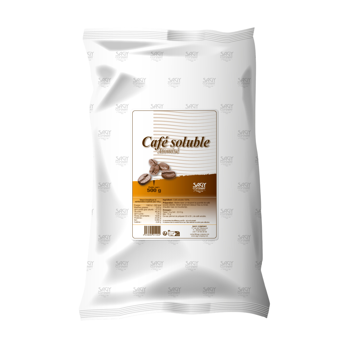 Un sac blanc en papier avec une étiquette présentant des grains de café. Ce sac contient 500 grammes de café soluble atomisé de l'entreprise Sagy Company.