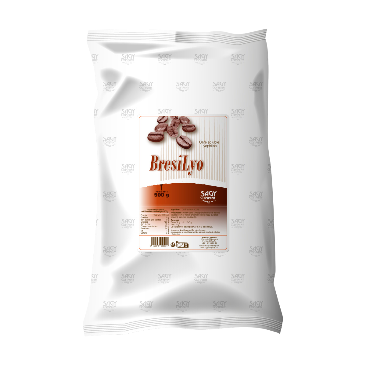 Un sac blanc en papier avec une étiquette présentant des grains de café de la marque Brésilyo de l'entreprise Sagy Company. Il contient 500 grammes de café soluble lyophilisé.
