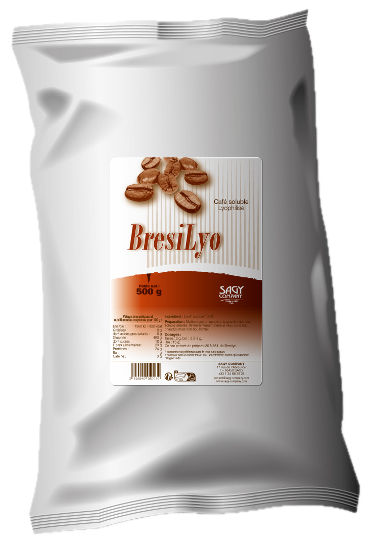 Un sac blanc en papier avec une étiquette présentant des grains de café de la marque Brésilyo de l'entreprise Sagy Company.