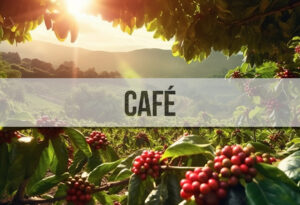 Des champs de café dans un paysage valloné et un bandeau au premier plan où il est écrit "Café".