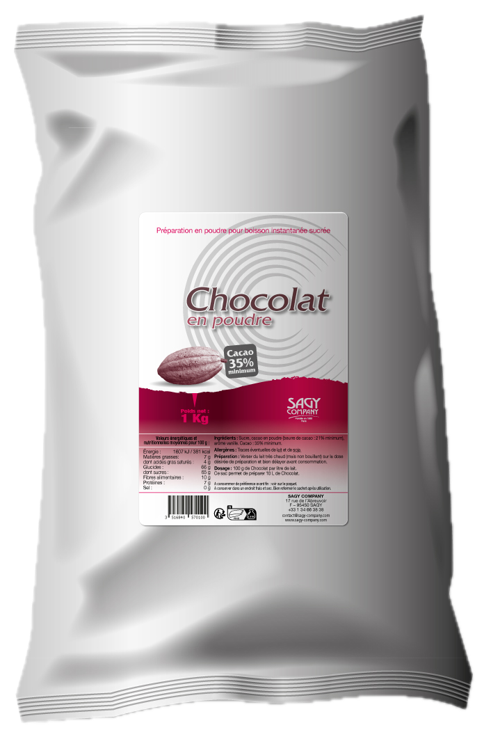 Un sac blanc en papier avec une étiquette présentant une fève de cacao de l'entreprise Sagy Company