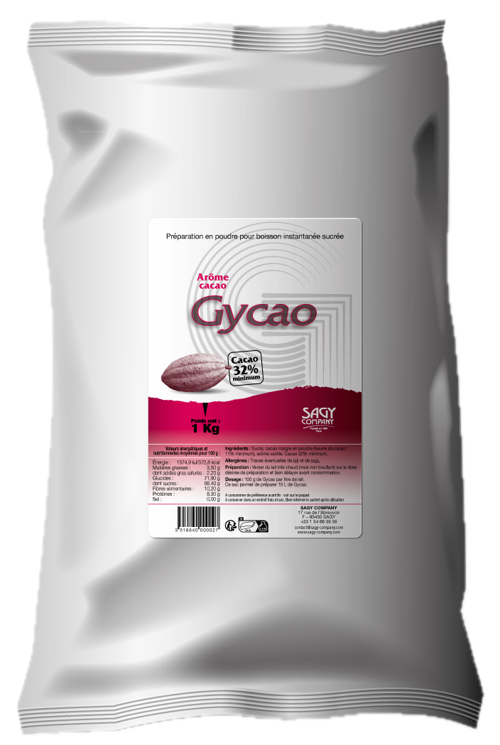Un sac blanc en papier avec une étiquette présentant une fève de cacao de la marque Gycao de l'entreprise Sagy Company.