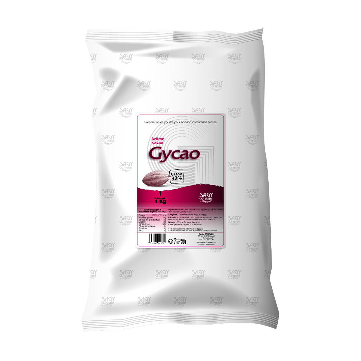 Un sac blanc en papier avec une étiquette présentant une fève de cacao. Ce sac contient un kilo de préparation en poudre pour boisson instantanée sucrée aromatisée au cacao (32%) de la marque Gycao de l'entreprise Sagy Company.