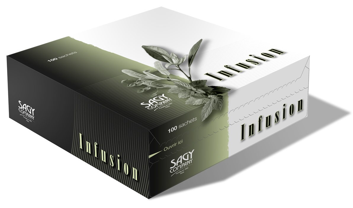 Une boîte blanche et verte en carton avec une illustration de feuilles de tisane pour infusion de l'entreprise Sagy Company.
