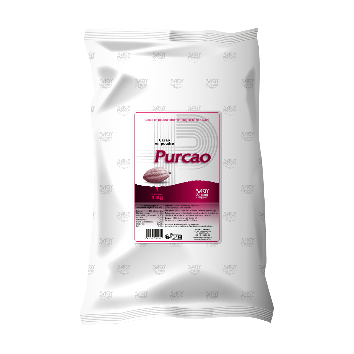 Un sac blanc en papier avec une étiquette présentant une fève de cacao. Ce sac contient un kilo de cacao en poudre fortement dégraissé non sucré de la marque Purcao de l'entreprise Sagy Company.