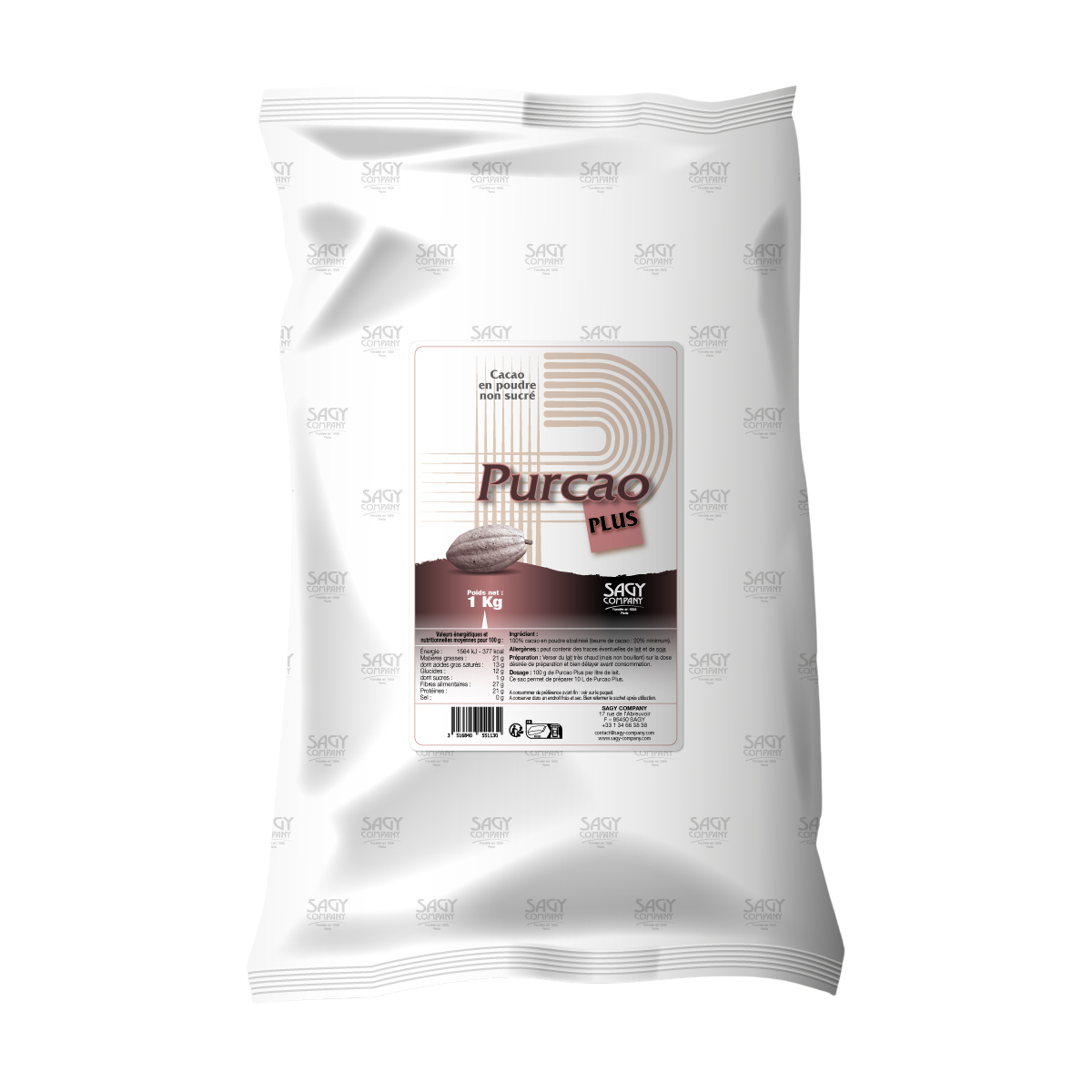 Un sac blanc en papier avec une étiquette présentant une fève de cacao. Ce sac contient un kilo de cacao en poudre fortement dégraissé non sucré de la marque Purcao Plus de l'entreprise Sagy Company.