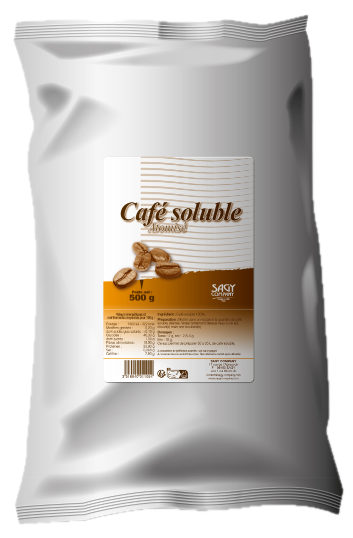 Un sac blanc en papier avec une étiquette présentant des grains de café de l'entreprise Sagy Company.