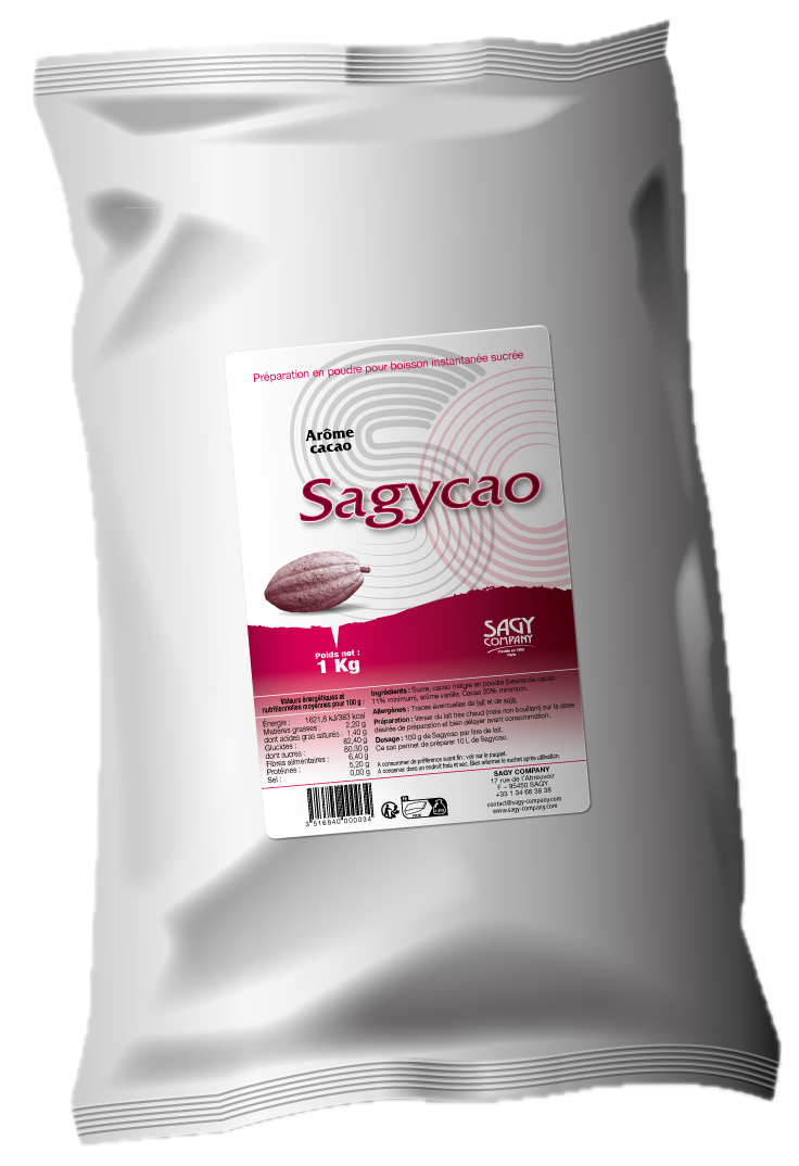 Un sac blanc en papier avec une étiquette présentant une fève de cacao de la marque Sagycao de l'entreprise Sagy Company.