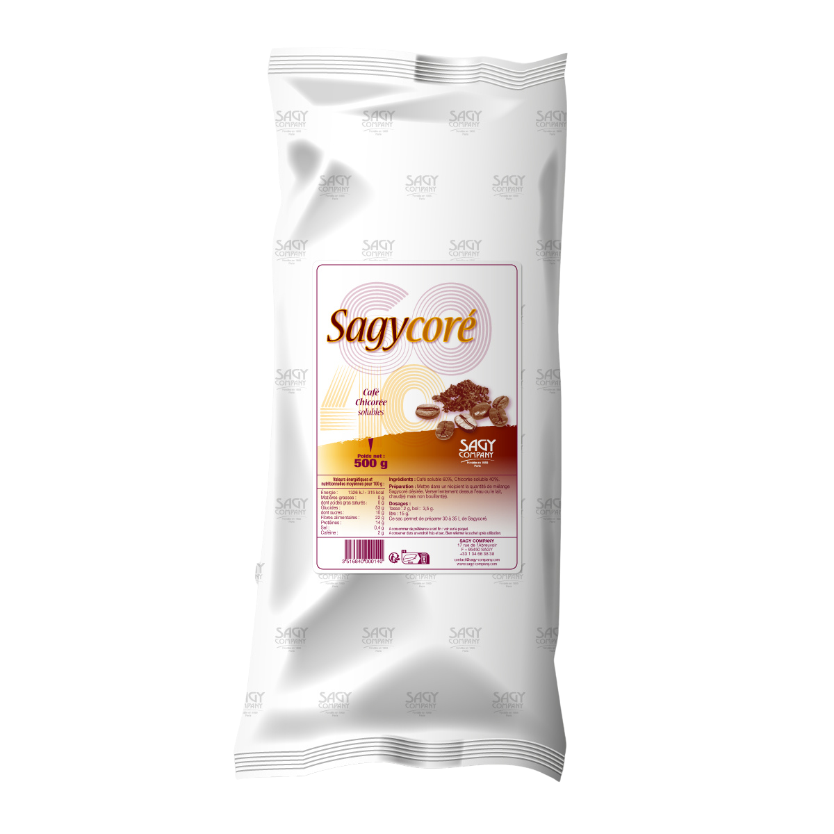 Un sac blanc en papier avec une étiquette présentant des grains de café de la marque Sagycoré de l'entreprise Sagy Company. Il contient 500 grammes de mélange de chicorée et de café solubles.