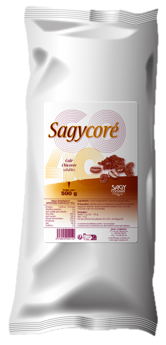 Un sac blanc en papier avec une étiquette présentant des grains de café et de chicorée de la marque Sagycoré de l'entreprise Sagy Company.