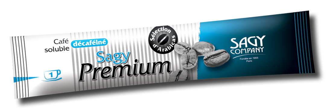 Un stick blanc et bleu présentant des grains de café de la marque Sagy Premium de l'entreprise Sagy Company. Il contient 2 grammes de café soluble décaféiné.