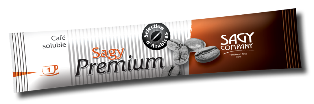 Un stick blanc et ocre présentant des grains de café de la marque Sagy Premium de l'entreprise Sagy Company. Il contient 2 grammes de café soluble.