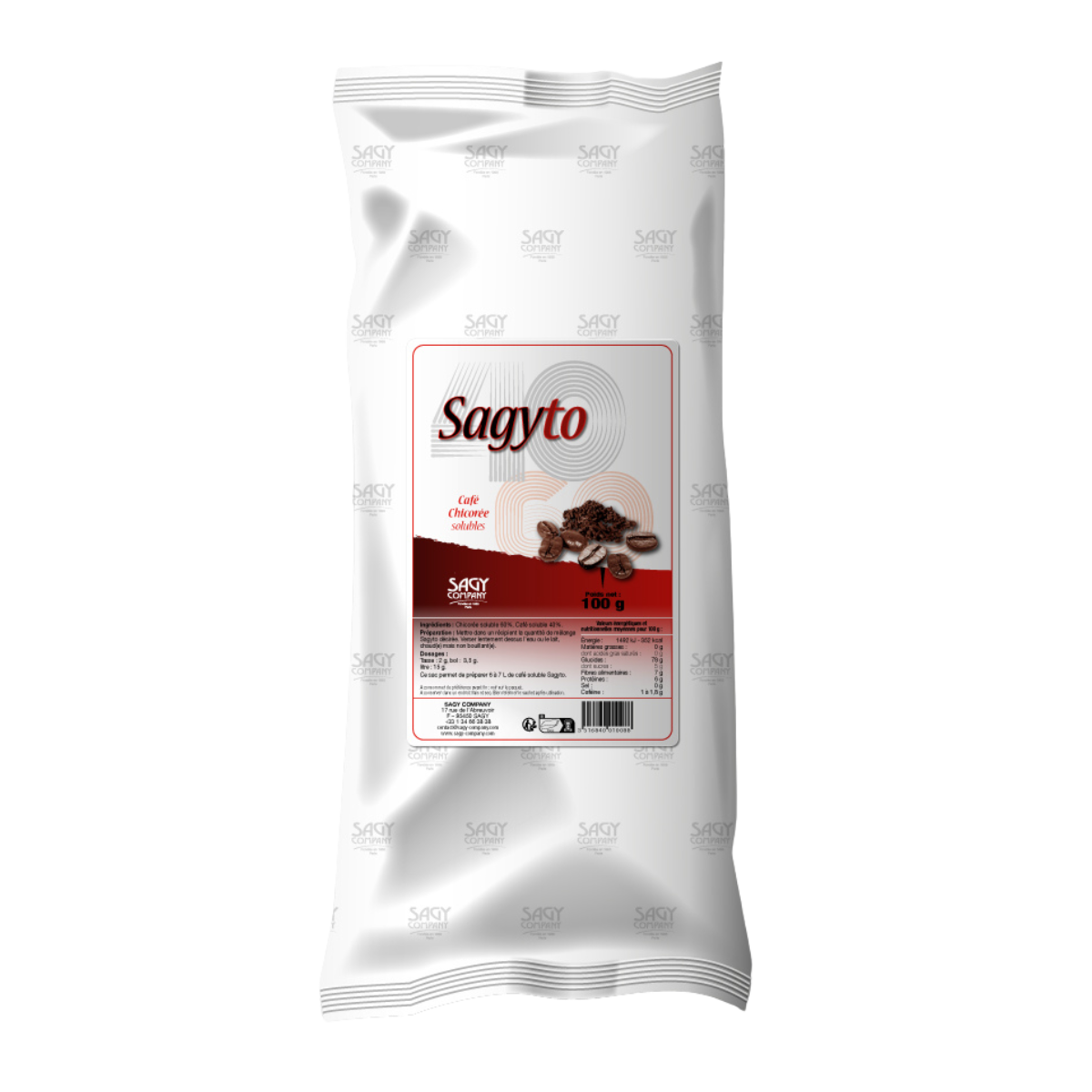 Un sac blanc en papier avec une étiquette présentant des grains de café de la marque Sagyto de l'entreprise Sagy Company. Il contient 100 ou 500 grammes de mélange de chicorée et de café solubles.