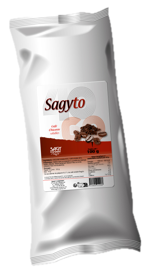 Un sac blanc en papier avec une étiquette présentant des grains de café et de chicorée en poudre de la marque Sagyto de l'entreprise Sagy Company.