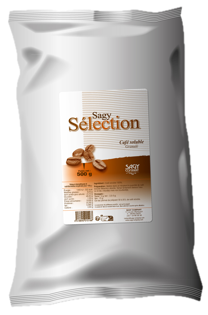 Un sac blanc en papier avec une étiquette présentant des grains de café de la marque Sagy Sélection de l'entreprise Sagy Company.