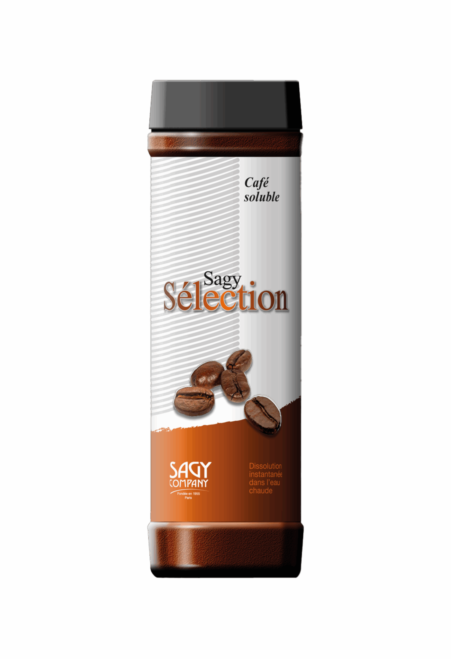 Un bocal avec une étiquette présentant des grains de café de la marque Sagy Sélection de l'entreprise Sagy Company. Il contient 200 grammes de café soluble.