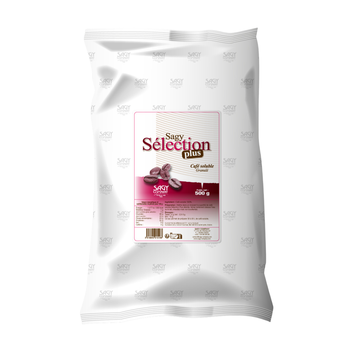 Un sac blanc en papier avec une étiquette présentant des grains de café de la marque Sagy Sélection Plus de l'entreprise Sagy Company. Il contient 500 grammes de café soluble granulé.