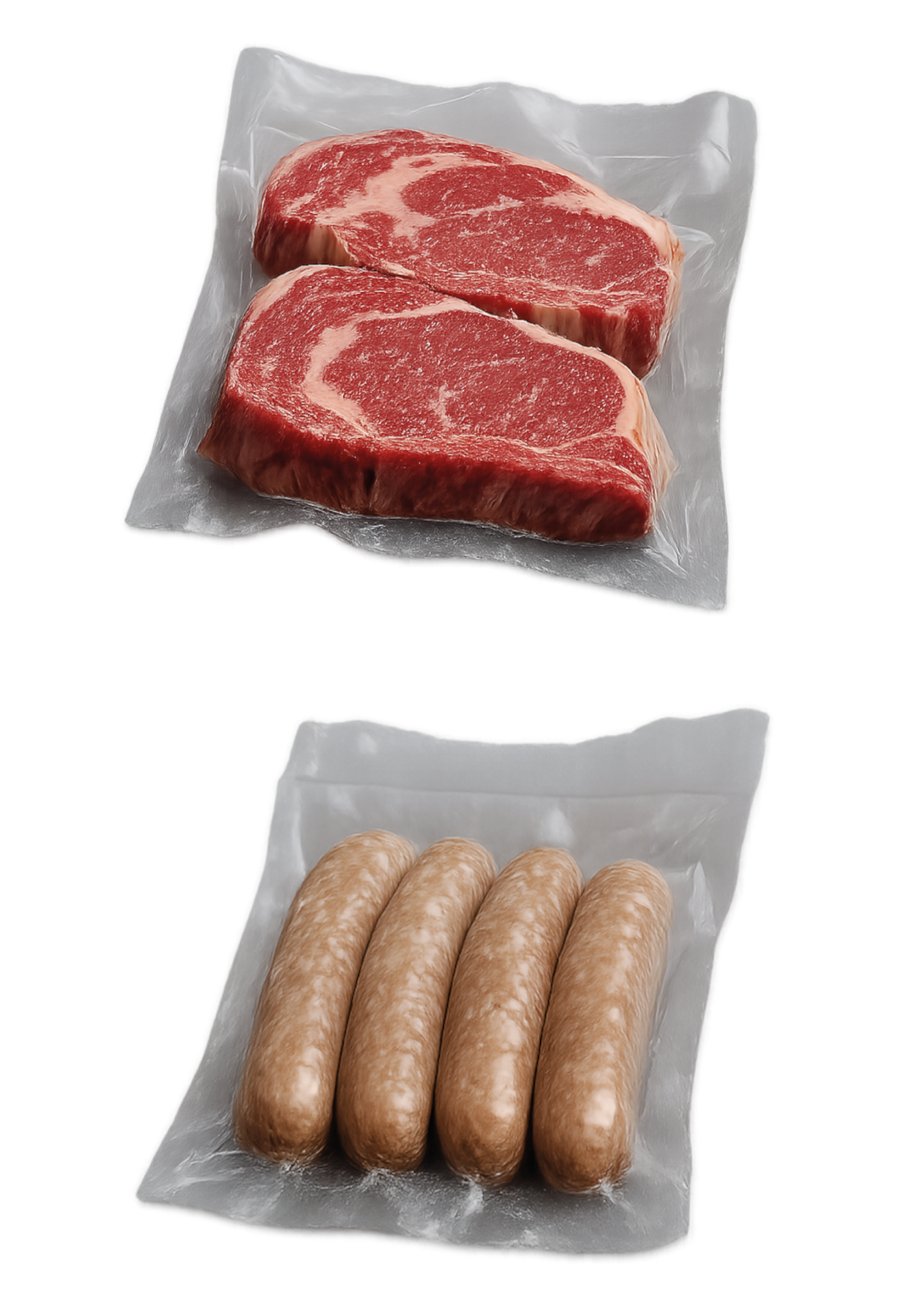 Deux sachets sous vide transparents contenant des saucisses et de la viande de boeuf