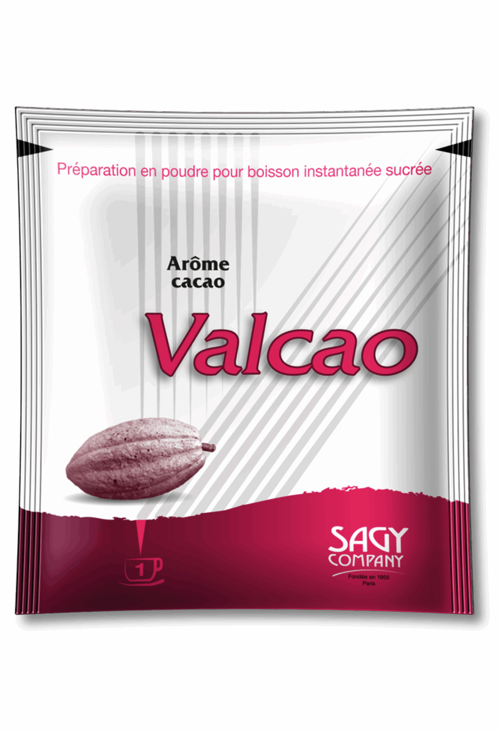 Un sachet blanc et rouge présentant une fève de cacao. Ce sachet contient 15 ou 20 grammes de préparation en poudre pour boisson instantanée sucrée aromatisée au cacao de la marque Valcao de l'entreprise Sagy Company.