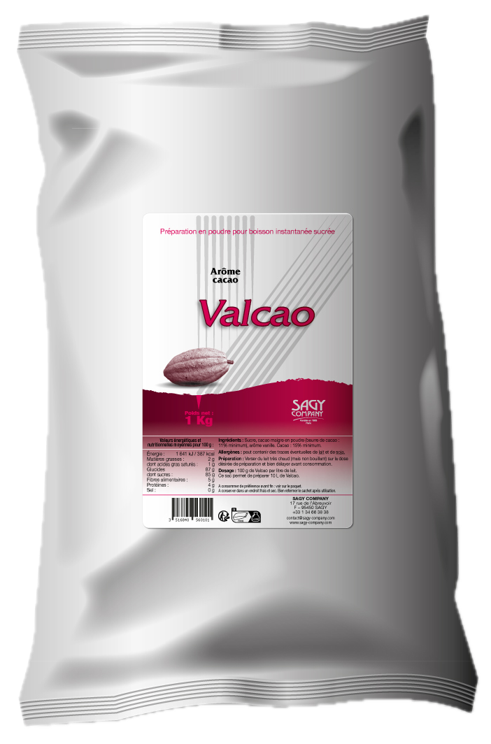 Un sac blanc en papier avec une étiquette présentant une fève de cacao de la marque Valcao de l'entreprise Sagy Company.